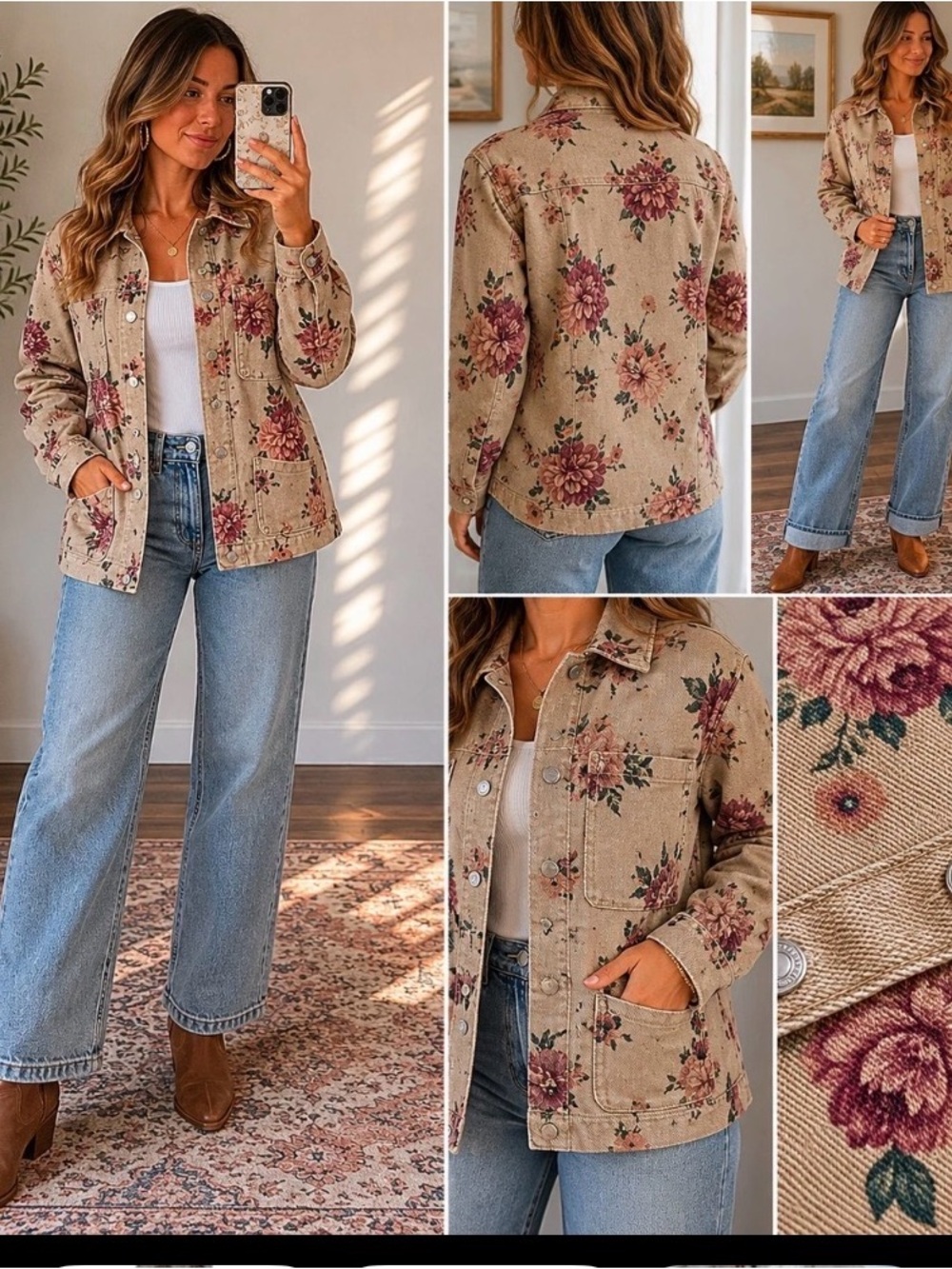 Universal Thread Floral Denim Jacket XL  Beige Pink Cottagecore  Jacket